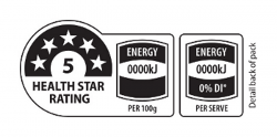 An example of the health star rating label showing 5 starts and energy per 100g and energy per serve examples.