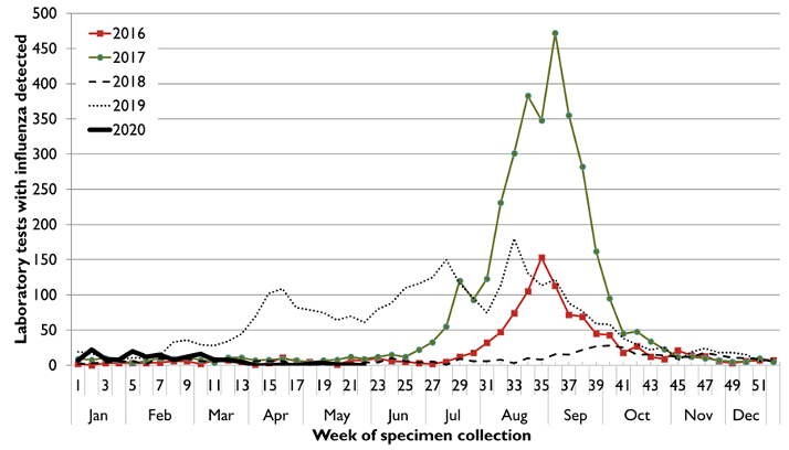 Figure 1: Notifications of influenza in Tasmania, by week, 1 January 2016 to Sunday 31 May 2020. Text description provided below.