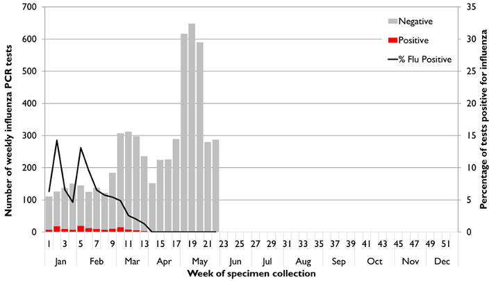 Figure 2: State-wide influenza PCR testing, 1 January to Sunday 31 May 2020.  Text description provided below.