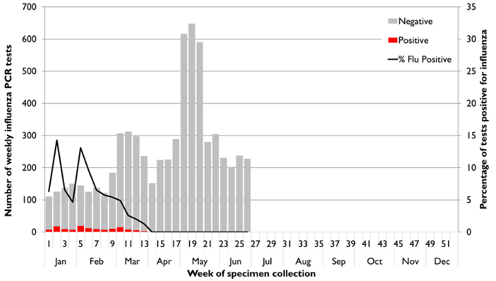 Figure 2: State-wide influenza PCR testing, 1 January to Sunday to 28 June 2020 (week 26).  Text description provided below.