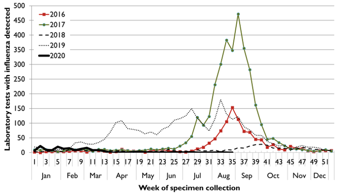 Figure 1: Notifications of influenza in Tasmania, by week, 1 January 2016 to 30 August 2020 (week 35).  Text version provided below.