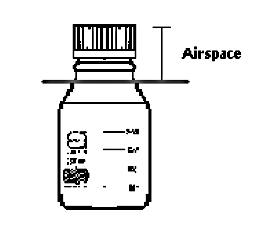 An outline of a small bottle with lid. There is a line drawn through the top of the bottle to indicate the ~airspace required. 