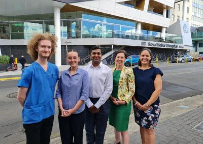 Radiographer Josh Robinson, radiation therapist Emmerson Cooper and podiatrist Tejus Menon with Allied Health South executive director Clare Ramsden and Chief Allied Health adviser Kendra Strong.