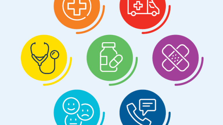 seven coloured circles with medical icons