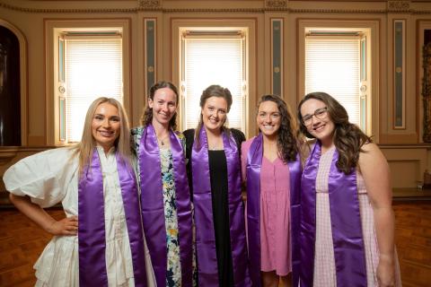 •	Bachelor of Midwifery Celebration for University of Southern Queensland, held in Hobart, Tasmania. Graduates from Southern Tasmania, Victoria Midgley, Tessa Popelier, Megan Riley, Tess Cooper and Lauren Ralston. Picture: RICHARD JUPE