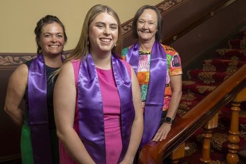 •	Bachelor of Midwifery Celebration for University of Southern Queensland, held in Hobart, Tasmania.  North-West graduate Jordan Mapley (centre) with Ruth King, North-West Midwifery Director and Mandy Gleeson, Clinical Midwifery Educator, North-West. Picture: Richard Jupe.