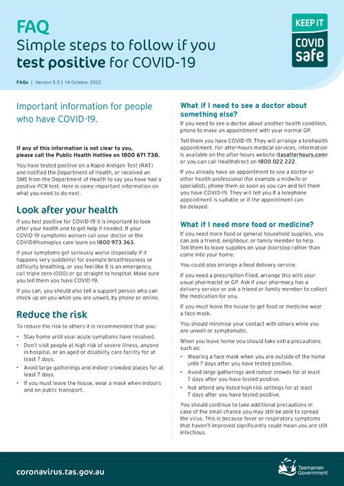 What to do if you test positive for COVID19 fact sheet Tasmanian