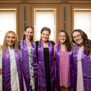 •	Bachelor of Midwifery Celebration for University of Southern Queensland, held in Hobart, Tasmania. Graduates from Southern Tasmania, Victoria Midgley, Tessa Popelier, Megan Riley, Tess Cooper and Lauren Ralston. Picture: Richard Jupe.